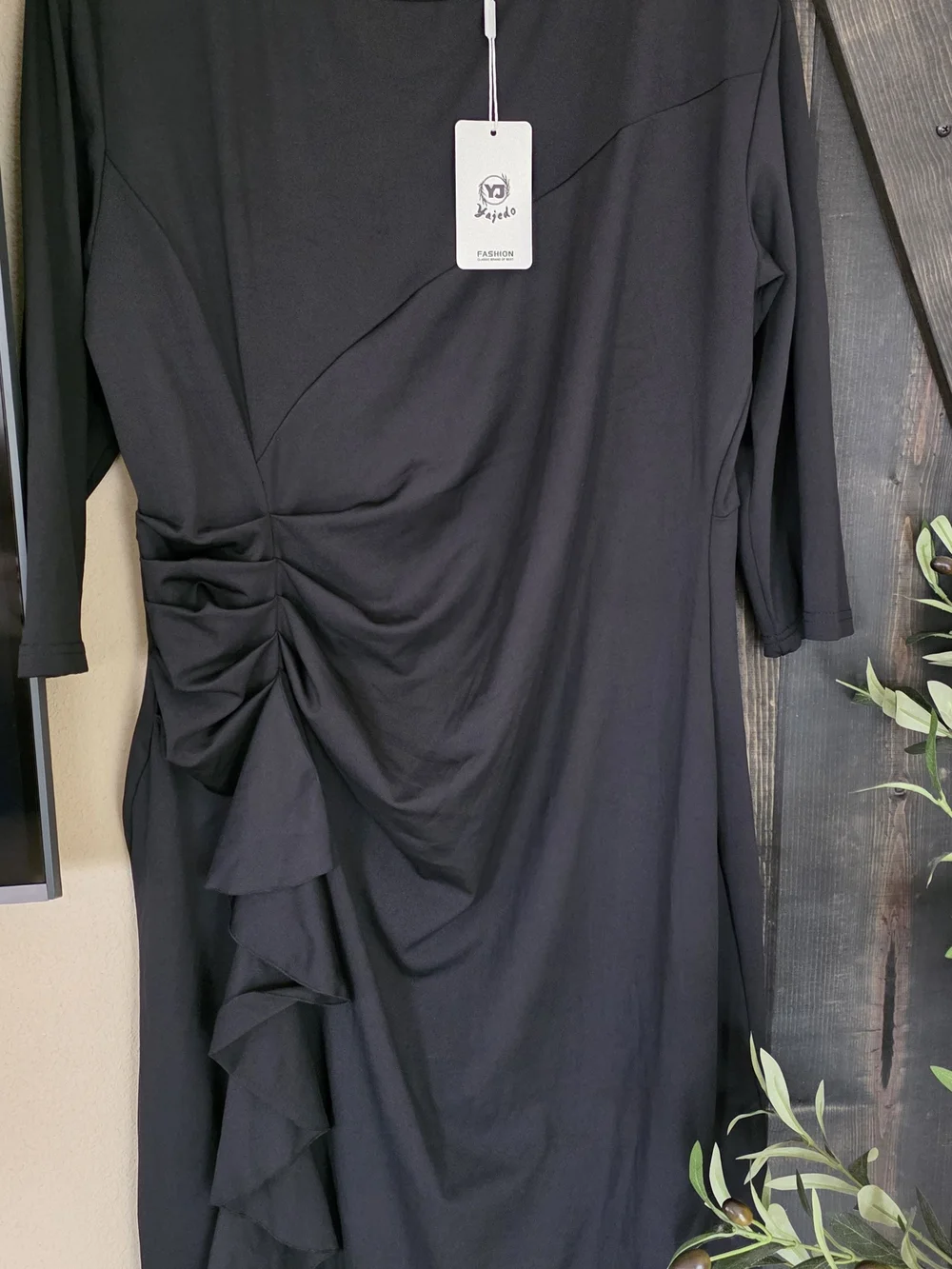 Classic Black Ruched Ruffle Midi Dress